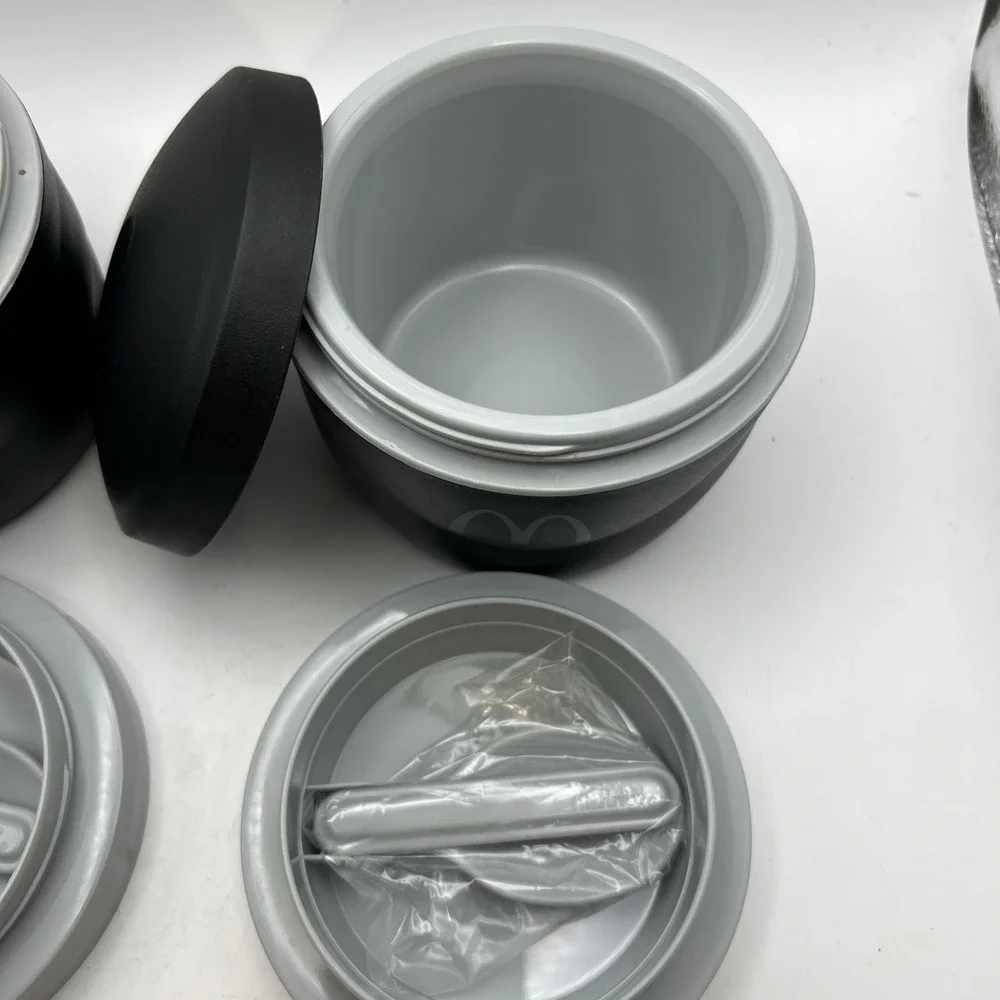McDonald's Thermos Food Jars w/ Spoons 1 New 1 Used Black Insulated Swag